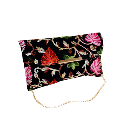 Handcrafted Velvet Beaded Clutch Bag with Gold Chain